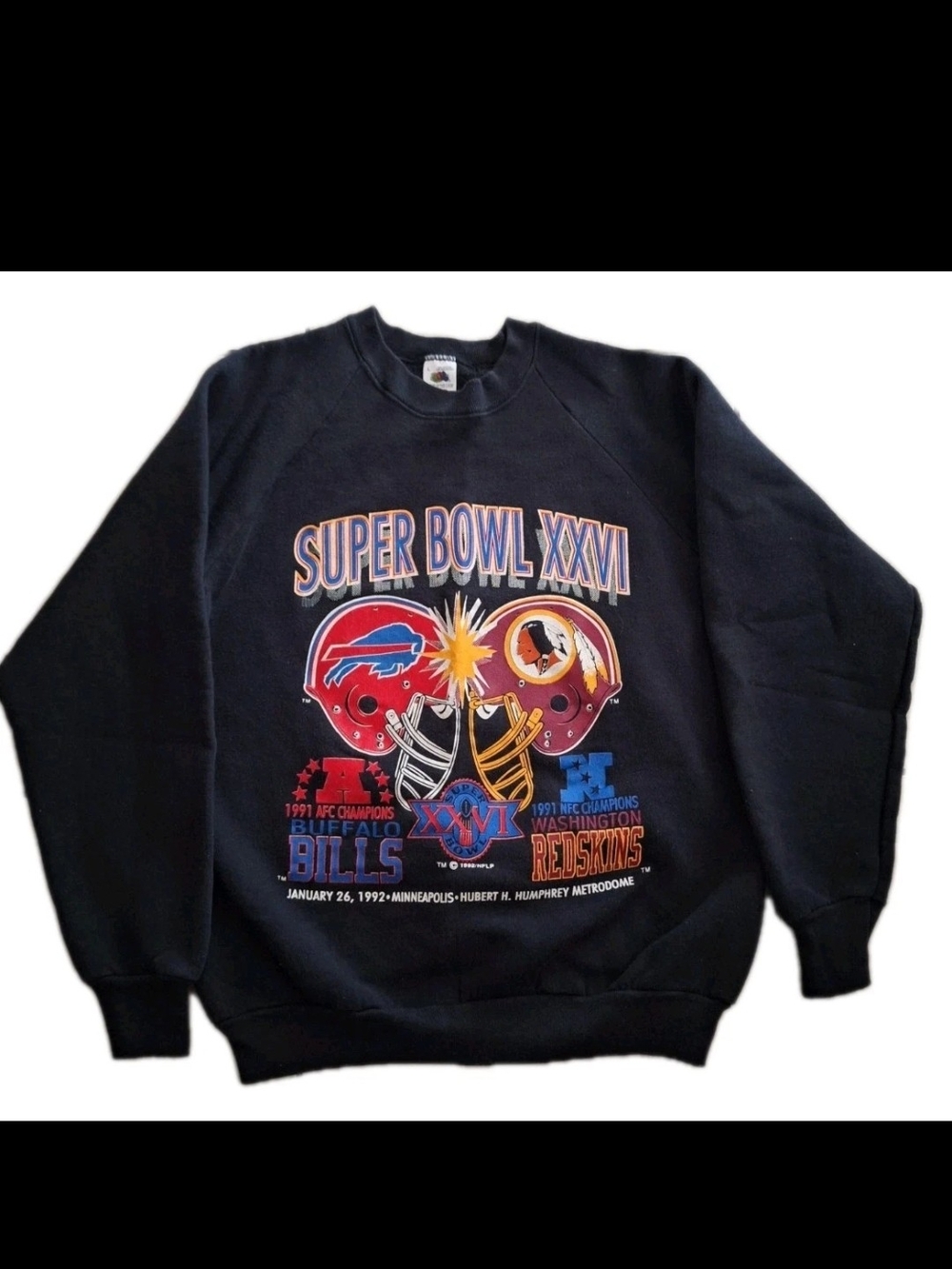 Vintage 1992  Super Bowl XXVI Black Crewneck Bills vs Redskins USA Made EUC